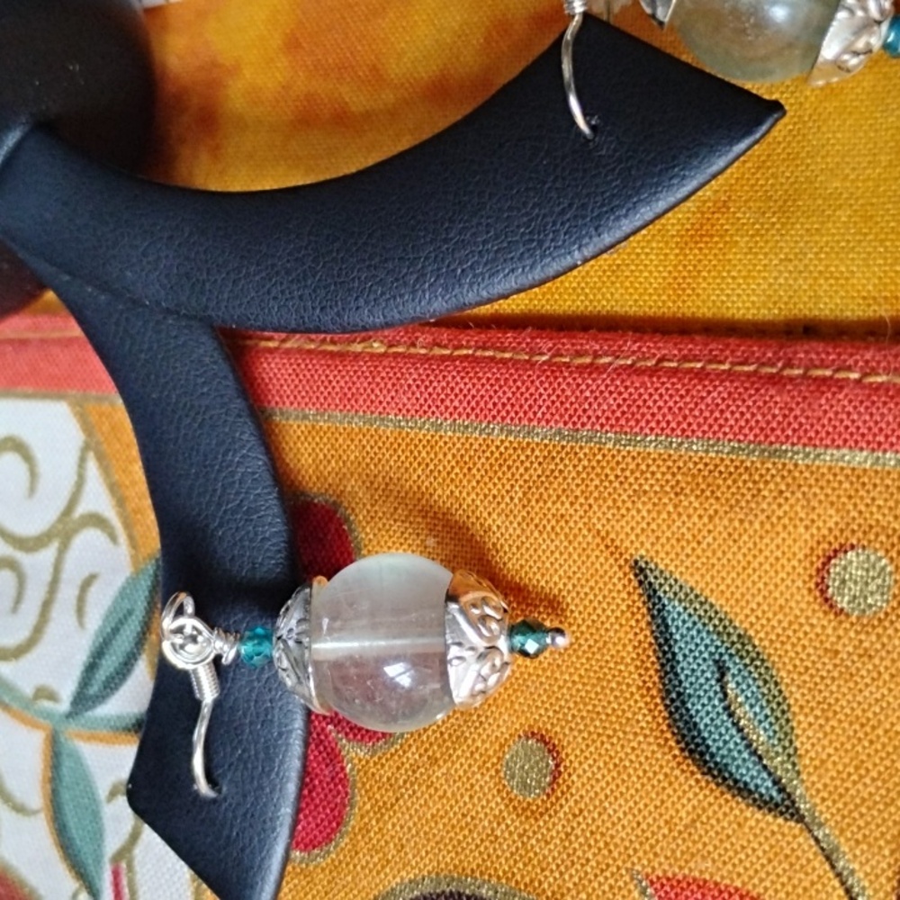 Hand Crafted Fluorite And Neon Apatite Silver Earrings - Picture 6 of 8